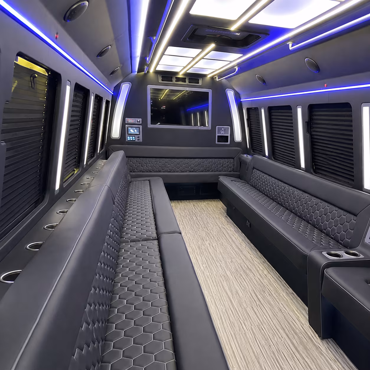 moore 40 passenger party bus inside