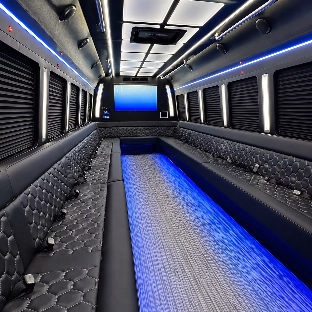 moore 50 passenger party bus inside